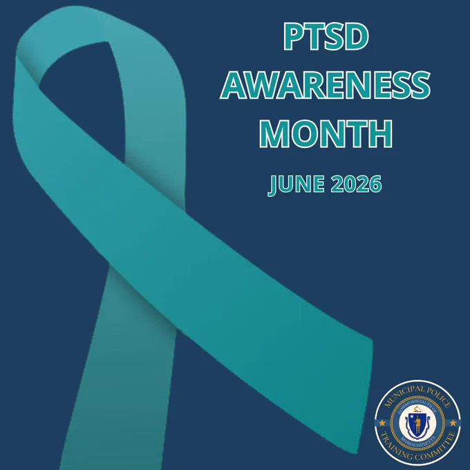 Teal ribbon symbolizing PTSD Awareness Month in June 2026 on a dark blue background with an MPTC logo.