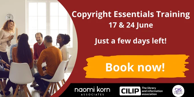 Group of five people engaged in a lively discussion in a bright room, promoting Copyright Essentials Training on June 17 and 24 with a call to book now.