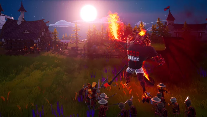 A Rage Lord (Wrath Demon) from Sintopia, raising a flaming sword against an army of Humus as the sun sets on the village behind him.