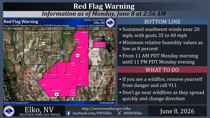 The image depicts a Red Flag Warning for Eastern and Central Nevada from 11 AM PDT Monday morning until 11 PM PDT Monday evening. 