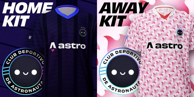 Two football shirts, a dark blue and purple shirt labelled Home Kit and a bright red and white shirt patterned with a tessellating Astro flame labelled Away Kit. Each feature a club crest with a smiling face reading “Club Deportivo de Astronautas”
