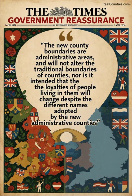 Graphic depicting the Government quote from 1974, which reiterated that local government changes in that year did not affect the historic counties - from RealCounties.com