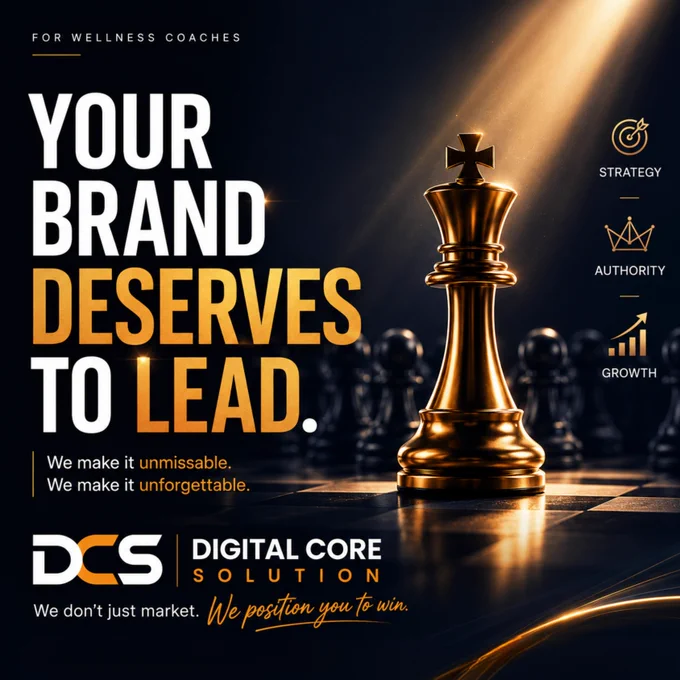 Digital Core Solution premium digital marketing agency advertisement featuring the message "We Don't Run Ads. We Build Authority." on a luxury black background with orange spotlight lighting. Modern branding design focused on authority marketing, brand positioning, lead generation, content strategy, social media marketing, Google Ads, Meta Ads, and business growth for wellness coaches and service-based businesses.