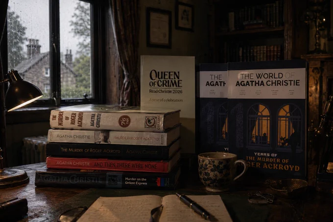 Several Agatha Christie books stacked up on a desk in an old 1920s style country cottage setting. A notebook and pen, and a teacup are on the desk beside the books.
