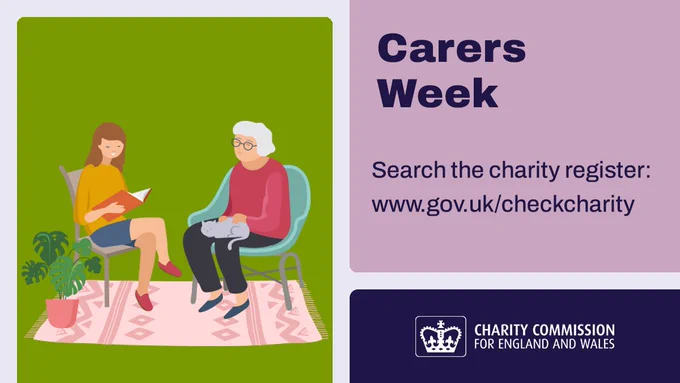 Young woman reading to an elderly woman holding a cat, seated on chairs over a patterned rug with plants nearby. Text reads Carers Week. Search the register. www.gov.uk/checkcharity