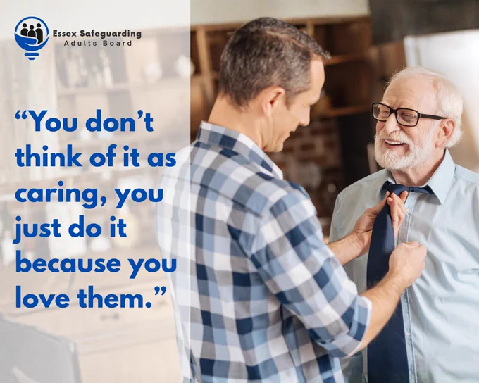 A man helps an elderly man with his tie, both smiling. Quote about love and care is displayed.