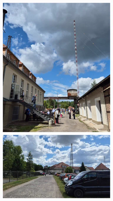 A collage of two images with buildings and transmission towers at the Funkerberg Königs Wusterhausen.