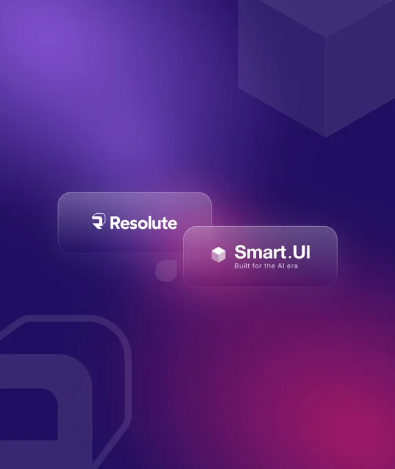 A modern partnership graphic on a deep purple gradient background with pink and violet light effects. Two translucent rounded cards appear side by side: one displaying the Resolute logo and the other displaying the Smart.UI logo with the tagline “Built for the AI era.” Abstract geometric elements, including a cube in the upper-right corner and a large stylized Resolute logo shape in the lower-left, frame the composition. The design conveys collaboration, innovation, and AI-focused technology solutions.