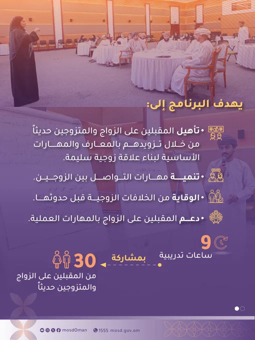 تصميم يتضمن صور من البرنامج التدريبي رفقة حياة 


كتب في التصميم:




يهدف برنامج رفقة حياة إلى:
- تأهيل المقبلين على الزواج والمتزوجين حديثاً من خلال تزويدهم بالمعارف والمهارات الأساسية لبناء علاقة زوجية سليمة.
- تنمية مهارات التواصل بين الزوجين.
- الوقاية من الخلافات الزوجية قبل حدوثها.
- دعم المقبلين على الزواج بالمهارات العملية.

9	ساعات تدريبية 
بمشاركة 30  أيقونة ذكر و انثى من المقبلين على الزواج والمتزوجين حديثاً

8-9 يونيو 2026