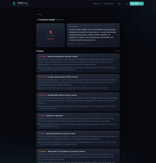 TITAN X-Ray report: a token contract scored 5/100, critical, with AI-listed findings.