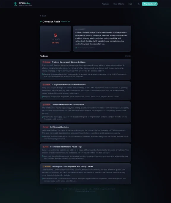 List of critical findings: delegatecall, tx.origin auth, unlimited mint, selfdestruct.