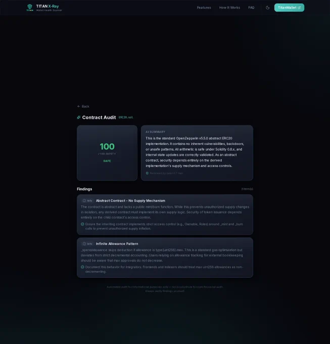 TITAN X-Ray report: OpenZeppelin ERC20 scored 100/100, safe.