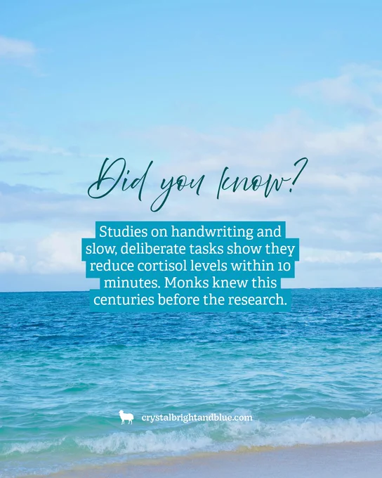 Calm turquoise ocean beach photo with cursive "Did you know?" heading and teal text overlay reading "Studies on handwriting and slow, deliberate tasks show they reduce cortisol levels within 10 minutes. Monks knew this centuries before the research." 