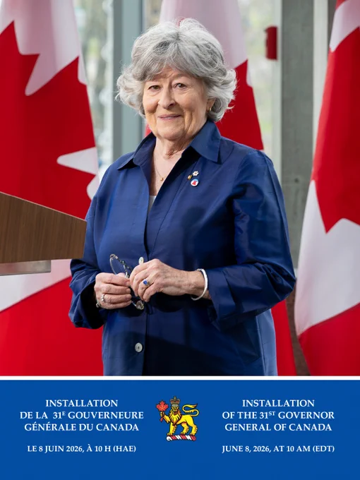 Promo visual for the installation ceremony of Canada's 31st Governor General on June 8, 2026.

The Honourable Louise Arbour stands in front of Canadian flags.