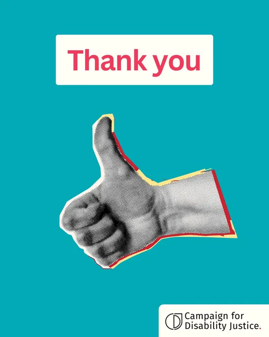 ‘Thank you’ in bold red letters. Graphic of a hand giving a thumbs up.