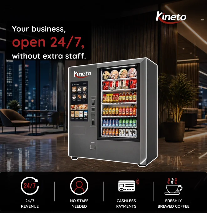 A Kineto smart vending machine stocked with snacks, bottled drinks, canned beverages, and ready-to-eat items, displayed in a modern lobby setting. The machine features a touchscreen coffee ordering interface on the left panel. Icons at the bottom highlight 24/7 revenue, no staff needed, cashless payments, and freshly brewed coffee.