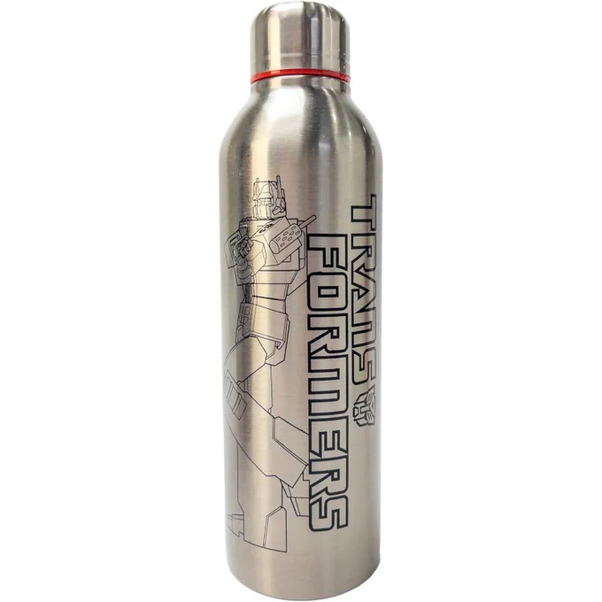 An image of a steel water bottle with the Transformers logo on, and Optimus Prime leaning against the letters.