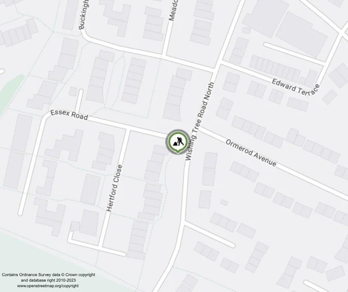 Map showing a location marked on Wishing Tree Road North, near the intersection with Essex Road and Ormerod Avenue. Nearby streets include Hertford Close, Edward Terrace, and Buckholt Lane.