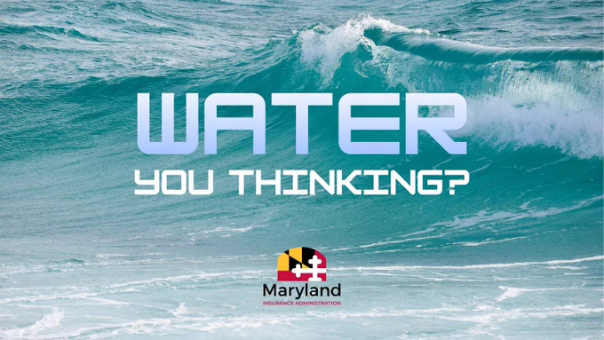 The text "Water you thinking?" on a background with an ocean wave.
