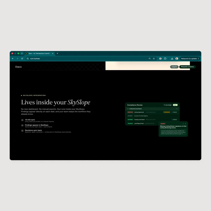 Browser mockup showing the SkySlope integration section for OUN Homes, featuring sync details and compliance review UI elements.