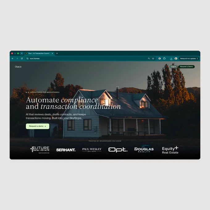Browser mockup showing the updated hero section for OUN Homes, a real estate compliance platform built in Webflow.