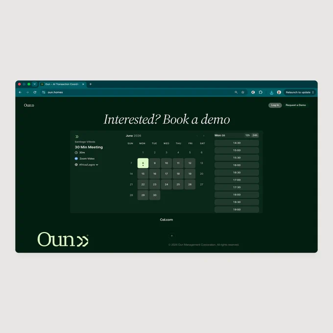 Browser mockup showing the updated footer section for OUN Homes with navigation and calls to action.