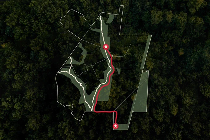 Aerial-style map graphic of a proposed nature reserve within a forested property. White outlines mark the reserve boundary and internal trail network, while shaded green areas indicate conservation or restoration zones. A red route highlights a trail segment running north-south through the reserve, connecting a star-marked trailhead at the southern edge to a waypoint near the center of the map. Dense tree canopy imagery forms the background.