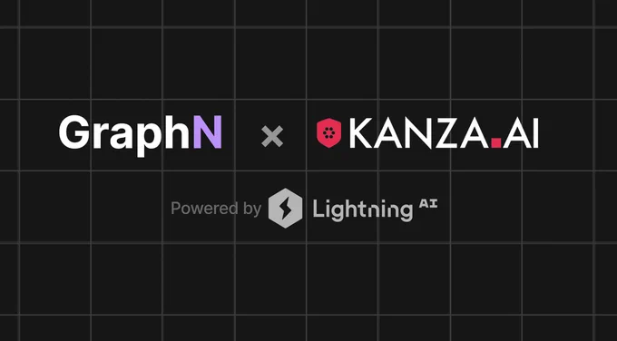The image features the logos of GraphN and KANZA.AI in the center, with the phrase "Powered by Lightning AI" below, against a dark grid background.