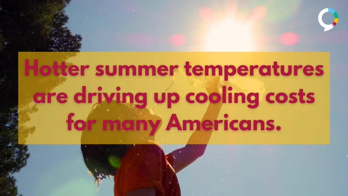 Image of child pouring water over itself with a red text overlay that reads: “Hotter summer temperatures are driving up cooling costs for many Americans.”