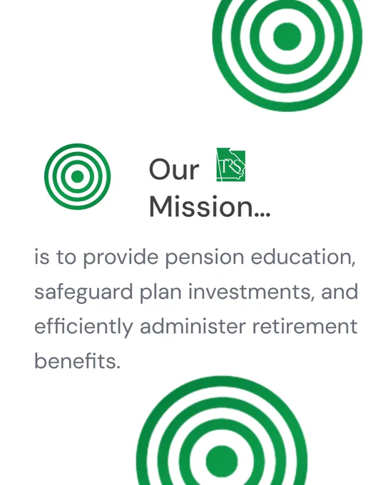 TRSGA mission statement graphic with a white background and green circular design elements.