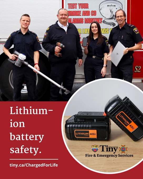 Four Tiny firefighters in uniform, holding electronic tools and devices, standing in front of a fire truck promoting lithium-ion battery safety. A smaller photograph of lithium-ion batteries is also present.