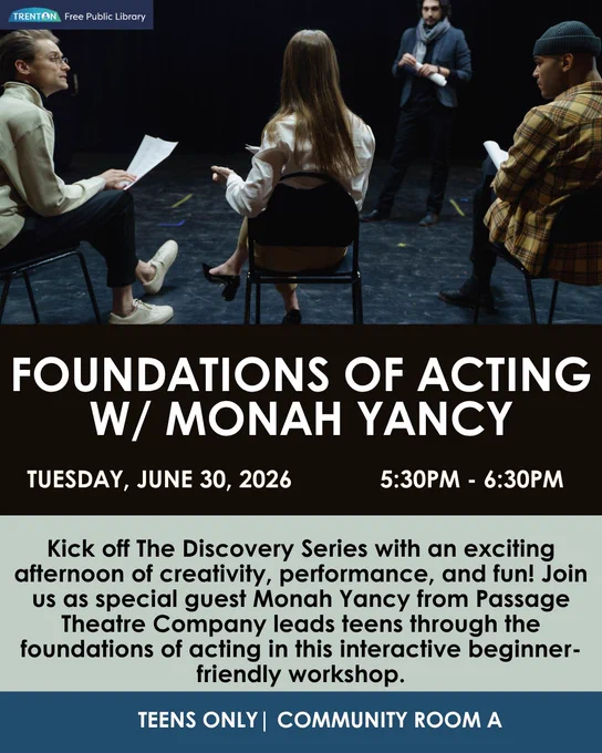Teens seated in a circle on stage participating in an acting workshop led by an instructor holding a script.
