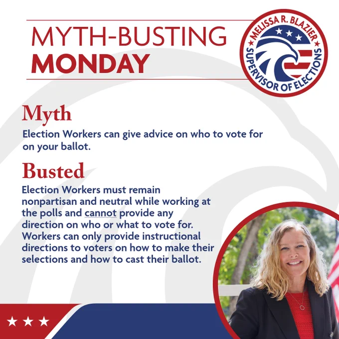 Graphic titled 'Myth-Busting Monday' explaining election workers must stay neutral and cannot advise voters on candidate choices.