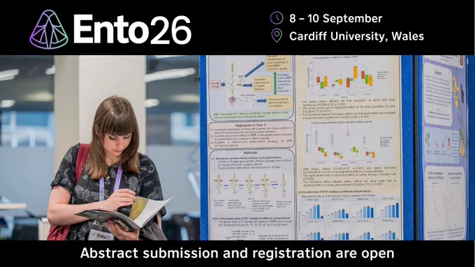 Attendee reading a booklet in front of scientific posters at Ento25 - Advertisement for the Ento26 conference held at Cardiff University in September 2026.