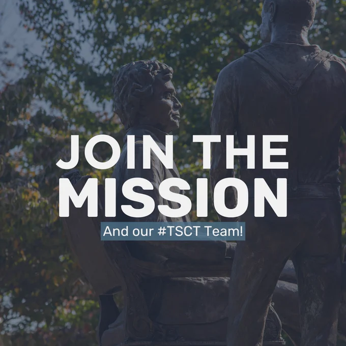 In the background, greenery and a statue of two men; writing on the image states "Join the mission and our #TSCT team!"