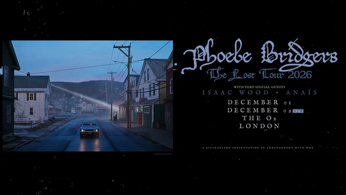 A car drives down a quiet, foggy street lined with houses at dusk, promoting Phoebe Bridgers' The Lost Tour 2026 at The O2