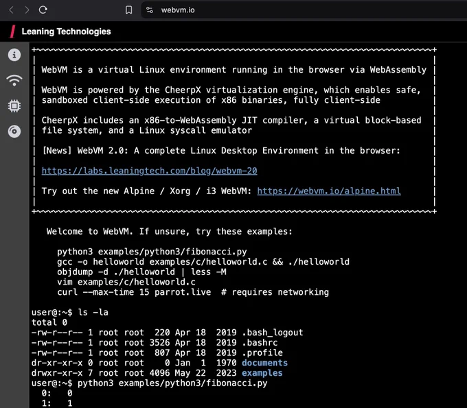 Captura de pantalla de webvm 