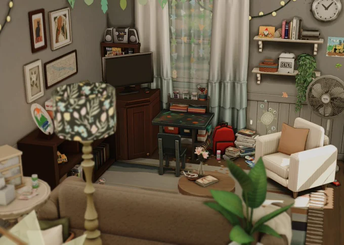The interior of the living space filled with realistic clutter and personalized decor.