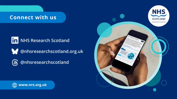 The image is a promotional graphic for NHS Research Scotland. It shows a hand holding a smartphone displaying a webpage with social media content. The graphic includes NHS Research Scotland's social media and website details: LinkedIn, Twitter, Instagram, and www.nrs.org.uk. The colour scheme features blue and white, with circular design elements.