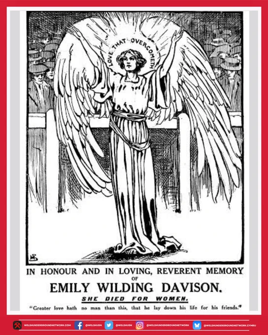 [Alt text 2] an angelic depiction of Emily Davison at a horse racing track, with a halo that says "love that overcometh"

underneath text reads "In honour and in loving, reverent memory - Emily Wilding Davison. she died for women. greater love hath no man than this: that he lay down his life for his friends"