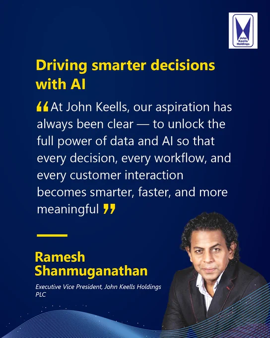 A quote from Ramesh Shanmuganathan, Executive Vice President at John Keells Holdings PLC, outlines the goal of using AI for better decision-making. The background features a blue gradient and the company logo.