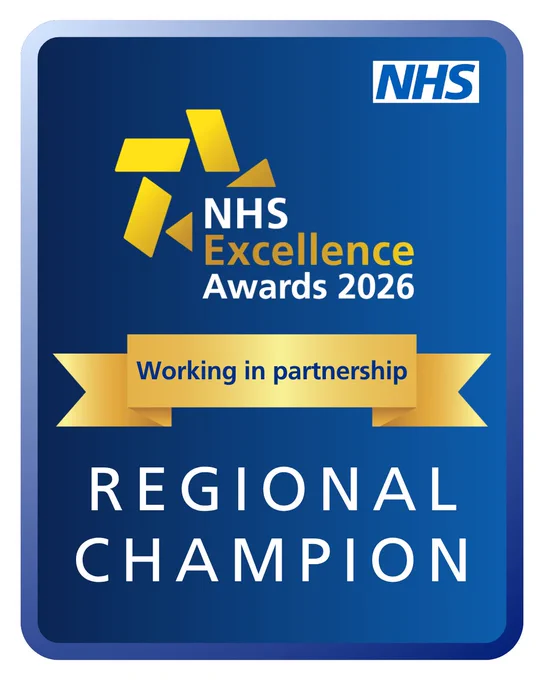 NHS Excellence Awards 2026 Regional Champion badge highlighting partnership collaboration.