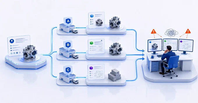 A clean 3D isometric illustration of supplier material data quality in an OEM-supplier workflow. On the left, one product data request starts from an OEM source with an engineering component and data panel. The request branches into three supplier lanes, labelled A, B and C, each returning a different version of the same product information: one with a structured part record, one with a tabular data response, and one with a technical drawing and missing detail. The three supplier submissions flow back into a reviewer’s workstation on the right, where multiple screens show inconsistent files, part data and drawings. Orange warning icons and a tangled symbol above the screens highlight ambiguity, manual reconciliation and rework. The image supports a post about supplier material data, data quality, validation, traceability, governed collaboration, product lifecycle management and why valid files can still be hard to trust and reuse.
