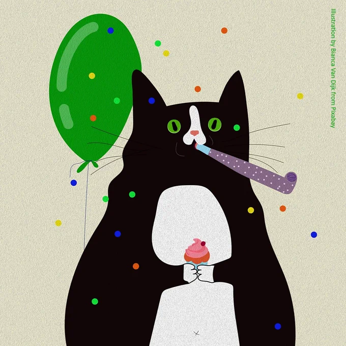 Cartoon of a chonky black-and-white cat celebrating. She is sitting upright, holding a small pink cupcake in her front paws and blowing a party noisemaker. A large green balloon on a string is floating in the background.

Illustration by Bianca Van Dijk from Pixabay.
