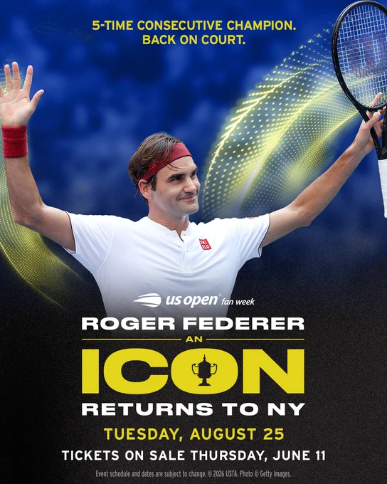5-time consecutive champion. Back on court. US Open Fan Week. Roger Federer, an Icon returns to NY. Tuesday, August 25. Tickets on sale Thursday, June 11. 