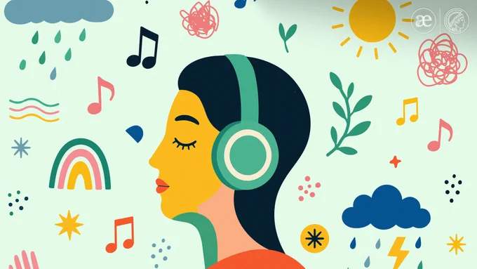 Stylized picture of a person listening to music, surrounded by symbols such as rain clouds and the sun.