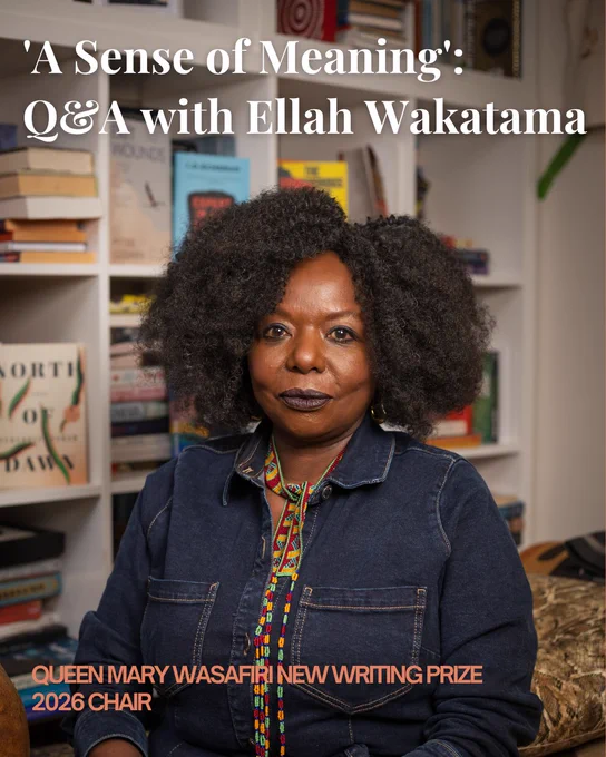 Photo of Ellah Wakatama. She is a Black woman with a chin-length parted afro. She wears a dark blue denim shirt and a colourful scarf. She is seated in front of bookshelves. At the top of the photo in white is text which reads: 'A Sense of Meaning': Q&A with Ellah Wakatama
