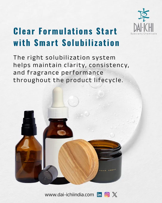 Transparent formulations present unique formulation challenges, particularly when incorporating fragrances, essential oils, and other hydrophobic ingredients into water based systems.

Without an effective solubilization strategy, formulators may encounter issues such as haze formation, phase separation, reduced transparency, and long term stability concerns.

The right solubilization system plays a critical role in improving ingredient compatibility, maintaining formulation clarity, and supporting consistent fragrance performance throughout the product lifecycle.

At Dai-ichi, our specialty solubilizers are designed to help formulators develop clear, stable, and aesthetically appealing home and personal care products while meeting evolving market expectations.

Connect with us:
📩 sales@dai-ichiindia.com
📞  91 72087 26483
🌐 www.dai-ichiindia.com