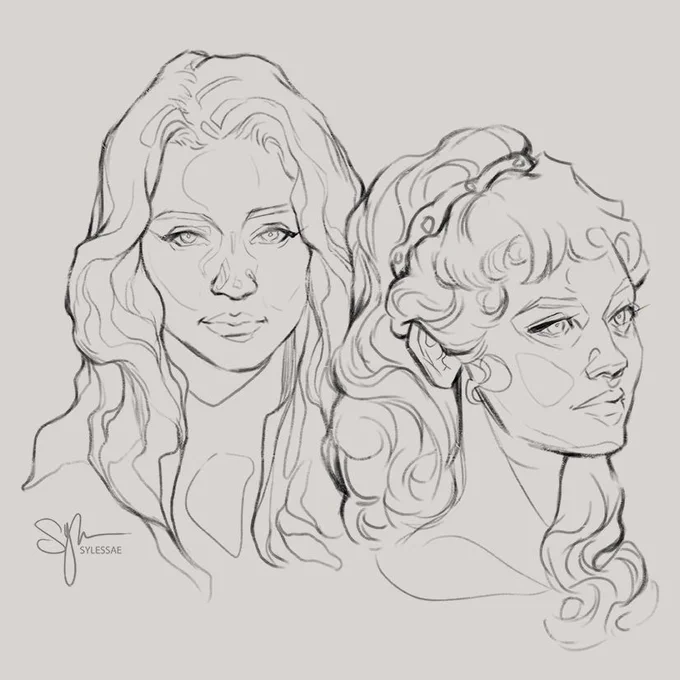 A sketch featuring two sisters, one with long lightly waved hair and the other with her hair pulled back and curled. They both have neutral expressions and soft features.