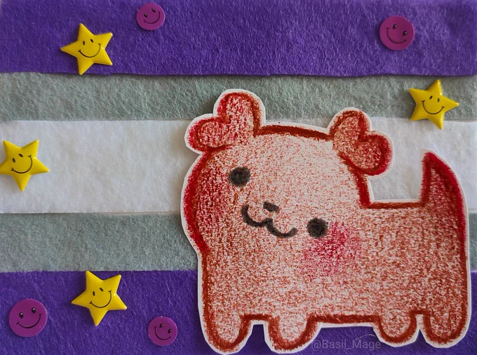 Cutout drawing of a puppy in front of a felt grey-asexual pride flag